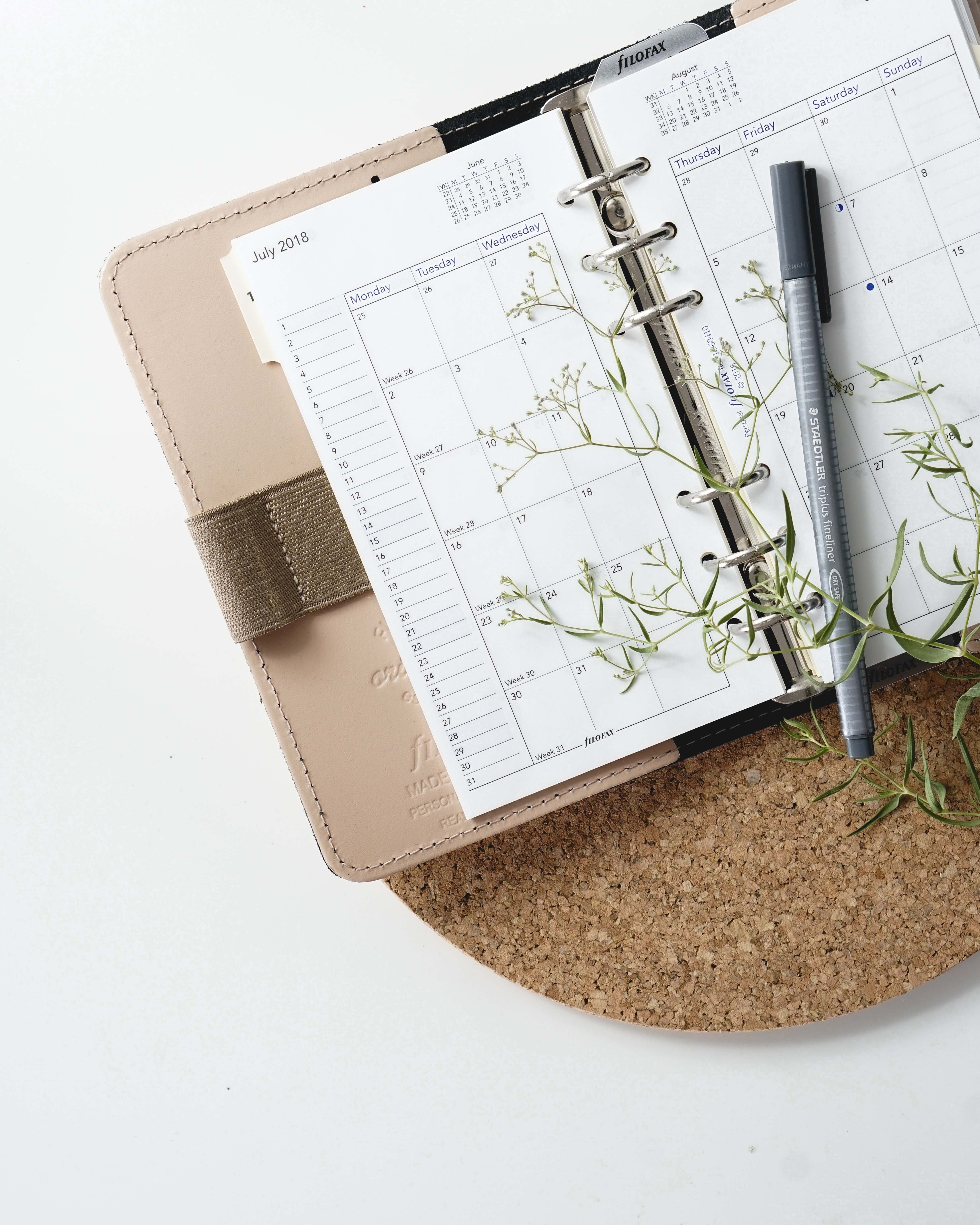 image of a planner with pen and greenery on top